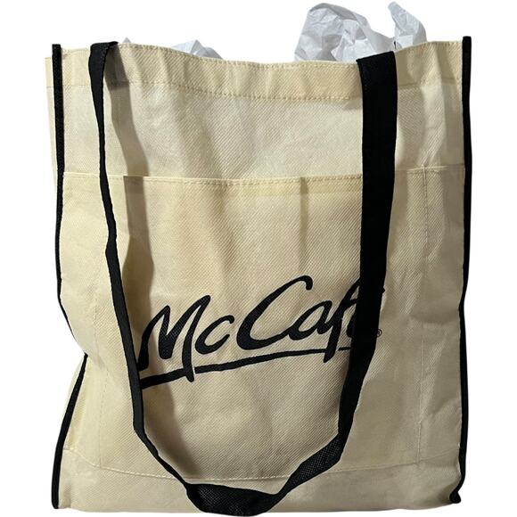 McDonalds McCafe Tote Bag Black Trim Reusable Shopper Beige - Picture 2 of 8